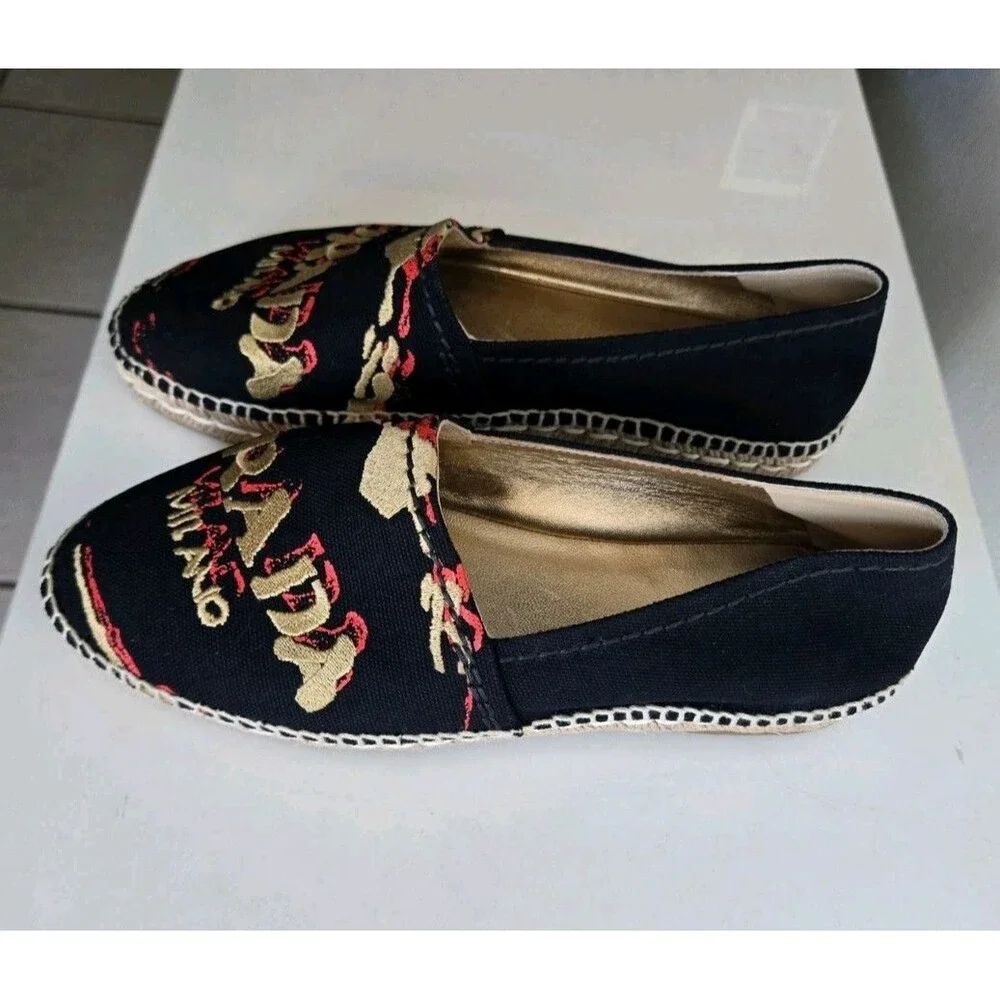 Prada Black Canvas Logo Embroidered Espadrille Flats Women’s Casual Size 38.5